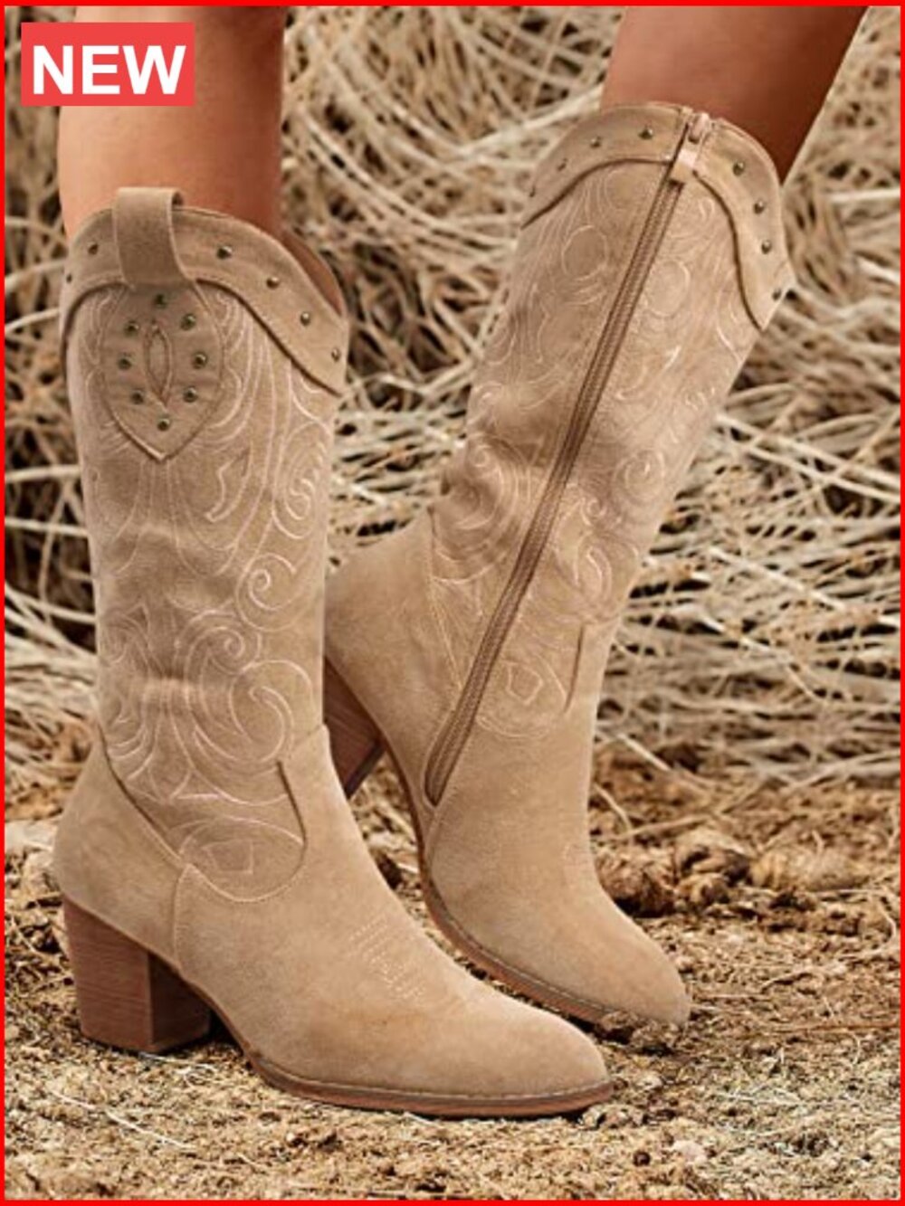 Western Mid Calf Boots for Women – Chunky Heel Pointed Toe Suede Embroidered - Picture 3 of 7